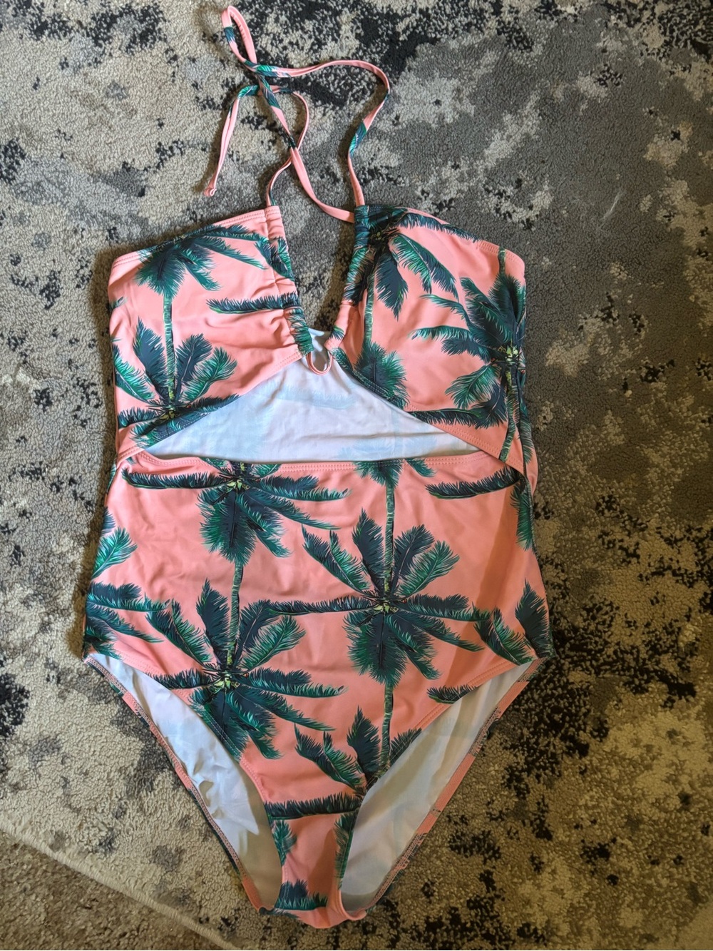 SHEIN Coral Palm-Print Halter One-Piece Swimsuit